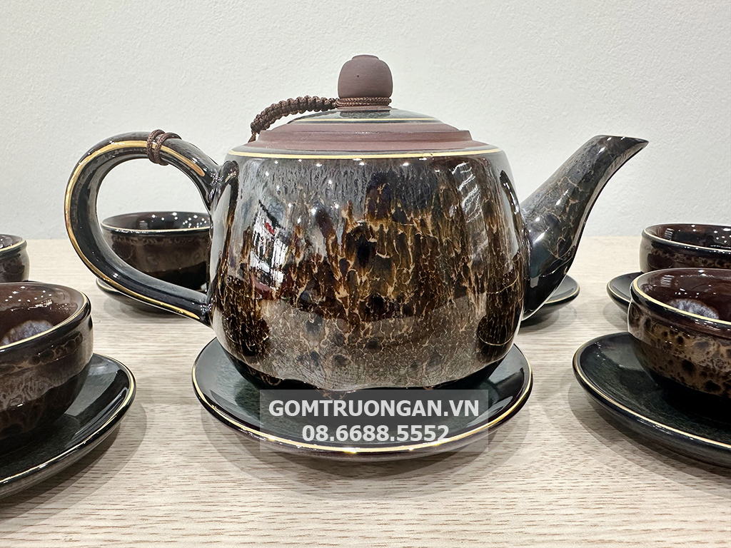 Bộ ấm trà tử sa hỏa biến Bát Tràng cao cấp mã não vẽ vàng 5